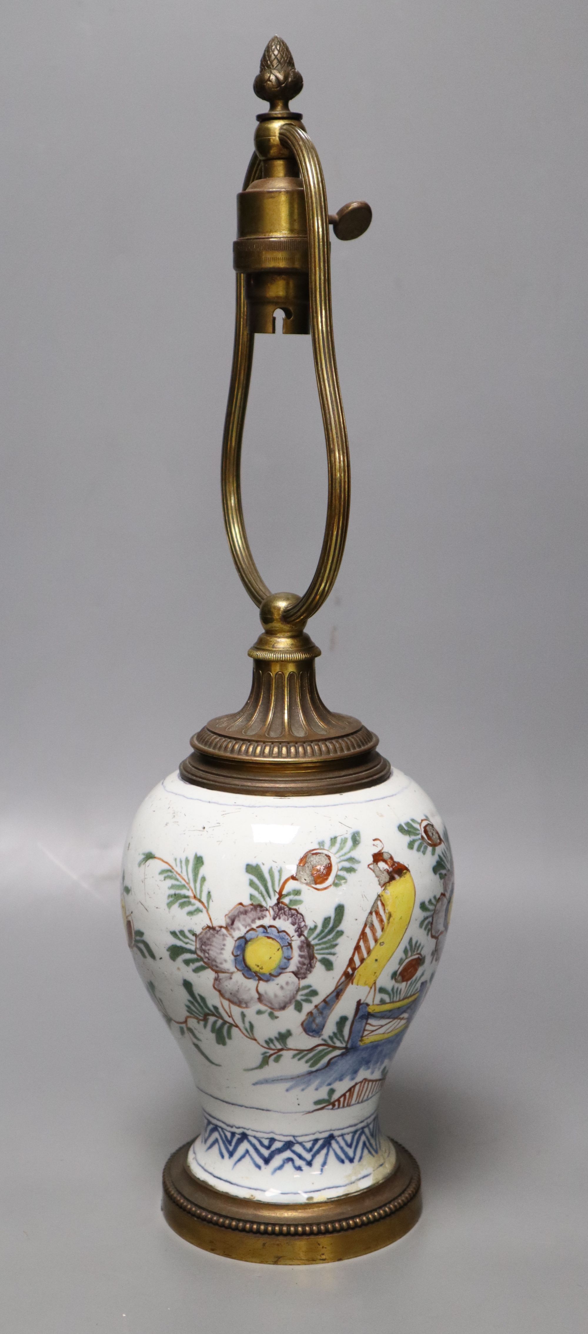 An 18th century Delft pottery vase converted to a lamp, overall height 46cm